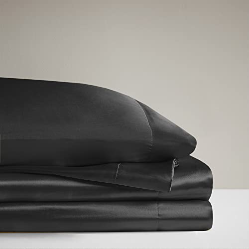 Madison Park - SHET20-173 Satin Wrinkle-Free Luxurious and Silky with 16" Deep Pocket 6 Piece Durable Sheet Set, Queen, Black