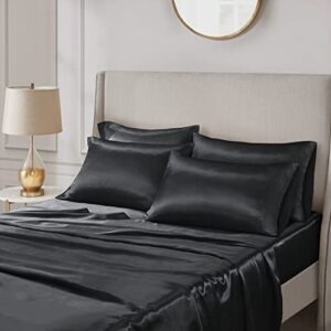 Madison Park - SHET20-173 Satin Wrinkle-Free Luxurious and Silky with 16" Deep Pocket 6 Piece Durable Sheet Set, Queen, Black