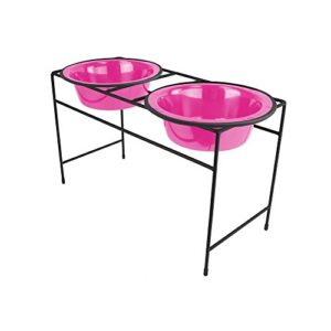 platinum pets double diner feeder with stainless steel dog bowls, 3.5 cup/28 oz, bubble gum pink, medium