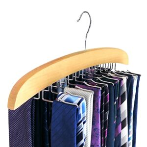 hangerworld hanging tie holder organizer rack - premium wooden tie hanger with 24 folding accessory hooks for closet space saving