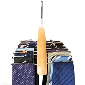 HANGERWORLD Hanging Tie Holder Organizer Rack - Premium Wooden Tie Hanger with 24 Folding Accessory Hooks for Closet Space Saving