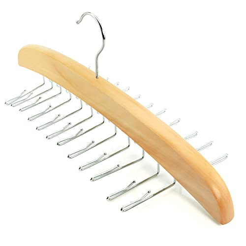 HANGERWORLD Hanging Tie Holder Organizer Rack - Premium Wooden Tie Hanger with 24 Folding Accessory Hooks for Closet Space Saving