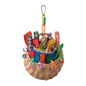 super bird creations sb669 wicker foraging basket bird toy with array of chewable toys for parrots, medium size, 10” x 4” x 5”, varies, 1 count (pack of 1)