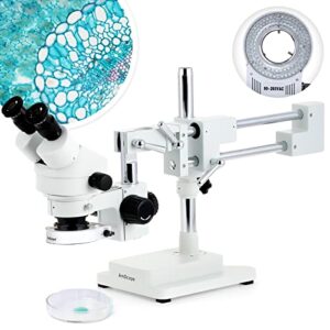 amscope sm-4bz-80s professional binocular stereo zoom microscope, wh10x eyepieces, 3.5x-90x magnification, 0.7x-4.5x zoom objective, 80-bulb led ring light, double-arm boom stand, 90v-265v, includes 0.5x and 2.0x barlow lenses