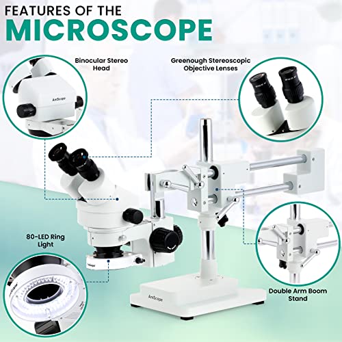 AmScope SM-4BZ-80S Professional Binocular Stereo Zoom Microscope, WH10x Eyepieces, 3.5X-90X Magnification, 0.7X-4.5X Zoom Objective, 80-Bulb LED Ring Light, Double-Arm Boom Stand, 90V-265V, Includes 0.5x and 2.0x Barlow Lenses