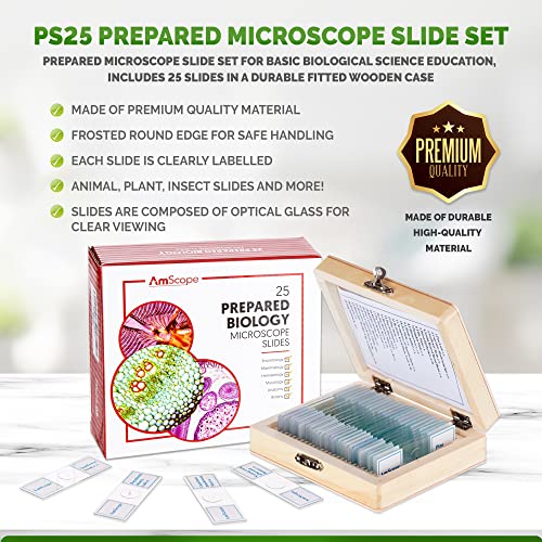 AmScope PS25 Prepared Microscope Slide Set for Basic Biological Science Education, 25 Slides, Includes Fitted Wooden Case Brown