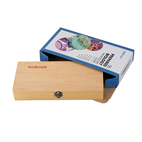 AmScope PS50 Prepared Microscope Slide Set for Basic Biological Science Education, 50 Slides, Includes Fitted Wooden Case