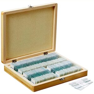 amscope ps100a prepared microscope slide set for basic biological science education, 100 slides, set a, includes fitted wooden case