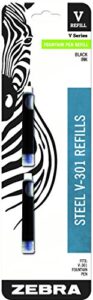 zebra pen v-301 stainless steel fountain pen refill, fine point, 0.7mm, black ink, 2-pack