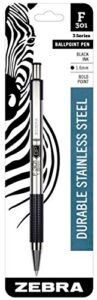 zebra pen f-301 retractable ballpoint pen, stainless steel barrel, bold point, 1.6mm, black ink, 1-pack