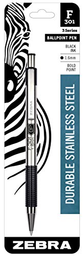 Zebra Pen F-301 Retractable Ballpoint Pen, Stainless Steel Barrel, Bold Point, 1.6mm, Black Ink, 1-Pack