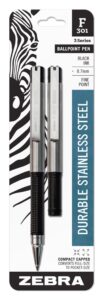 zebra pen f-301 compact retractable ballpoint pen, stainless steel barrel, fine point, 0.7mm, black ink, 2-pack