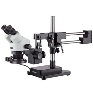 amscope sm-4bz-frl-b professional binocular stereo zoom microscope, wh10x eyepieces, 3.5x-90x magnification, 0.7x-4.5x zoom objective, 8w fluorescent ring light, black double-arm boom stand, 110v-120v, includes 0.5x and 2.0x barlow lenses