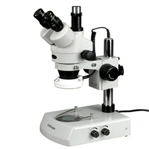 amscope sm-2t-led professional trinocular stereo zoom microscope, wh10x eyepieces, 7x-45x magnification, 0.7x-4.5x zoom objective, upper and lower led lighting, pillar stand, 110v-120v