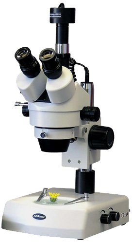 Amscope SM-2TZ-M Digital Professional Trinocular Stereo Zoom Microscope, WH10x Eyepieces, 3.5X-90X Magnification, 0.7X-4.5X Zoom Objective, Upper and Lower Halogen Lighting, Pillar Stand, 110V-120V, Includes 0.5X and 2.0X Barlow Lenses and 1.3MP Camera wi