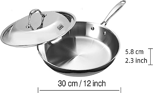 Cooks Standard Stainless Steel Frying Pan 12 Inch, Multi-Ply Full Clad Wok Stir-Fry Cooking Pans with Dome Lid, Stay-Cool Handle, Dishwasher Safe, Oven Safe 500°F, Silver