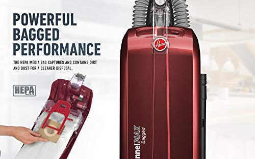 Hoover WindTunnel Max Bagged Upright Vacuum Cleaner, with HEPA Media Filtration, 30ft. Power Cord, UH30600, Red