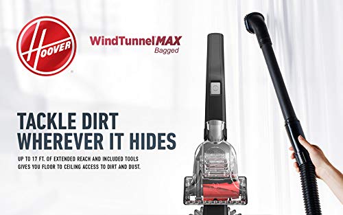 Hoover WindTunnel Max Bagged Upright Vacuum Cleaner, with HEPA Media Filtration, 30ft. Power Cord, UH30600, Red