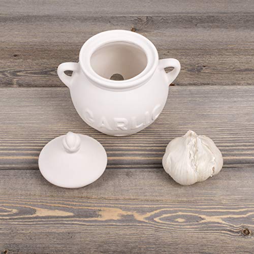 HIC Harold Import Co. Garlic Clove Keeper White Vented Ceramic Storage Container With Lid, 5.25" x 5.5"/16 oz