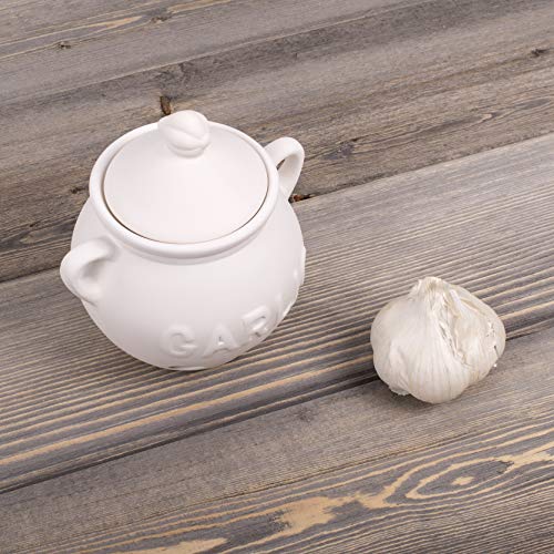 HIC Harold Import Co. Garlic Clove Keeper White Vented Ceramic Storage Container With Lid, 5.25" x 5.5"/16 oz