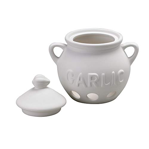 HIC Harold Import Co. Garlic Clove Keeper White Vented Ceramic Storage Container With Lid, 5.25" x 5.5"/16 oz