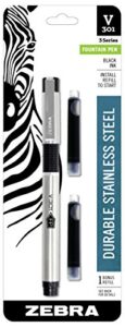 zebra pen v-301 fountain pen, stainless steel barrel, fine point, 0.7mm, black ink, 1-pack with refill