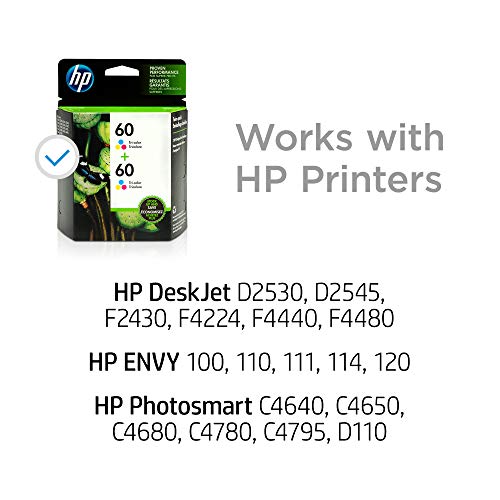 HP 60 | 2 Ink Cartridges | Tri-color | Works with HP DeskJet D2500 Series, F2430, F4200 Series, F4400 Series, HP ENVY 100, 110, 111, 114, 120, HP Photosmart C4600 Series, C4700 Series, D110a |CC643WN