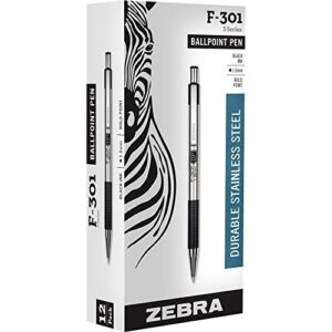 zebra f-301 ballpoint retractable pen, black ink, bold, dozen