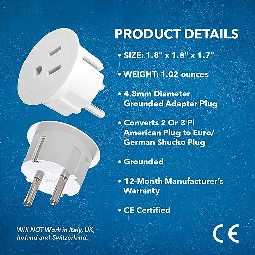 OREI American USA to European Schuko Germany Plug Adapters CE Certified Heavy Duty - 6 Pack - Perfect for Travelling with Cell Phones, Laptops, Cameras & More