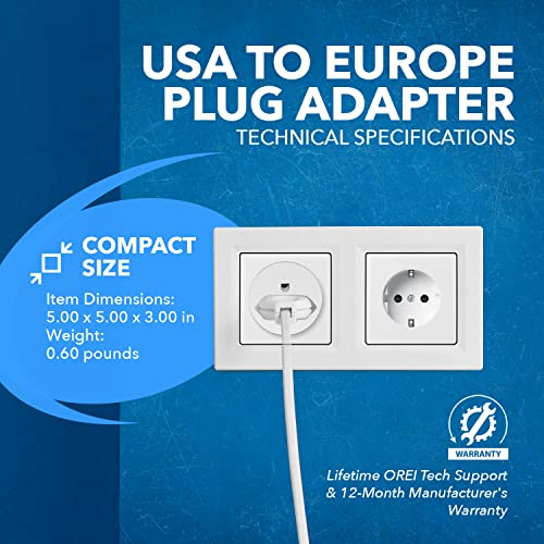 OREI American USA to European Schuko Germany Plug Adapters CE Certified Heavy Duty - 6 Pack - Perfect for Travelling with Cell Phones, Laptops, Cameras & More