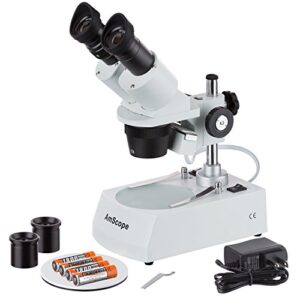 amscope se305r-pz-led forward-mounted binocular stereo microscope, wf10x and wf20x eyepieces, 10x/20x/30x/60x magnification, 1x and 3x objectives, upper and lower led lighting, reversible black/white stage plate, pillar stand, 120v or battery-powered