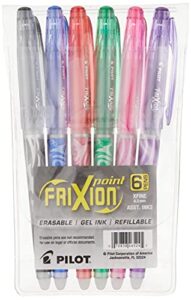 pilot frixion point erasable & refillable gel ink pens, extra fine point, black/blue/red/green/pink/purple inks, 6-pack pouch (46524)