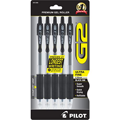 Pilot, G2 Premium Gel Roller Pens, Ultra Fine Point 0.38 mm, Pack of 5, Black