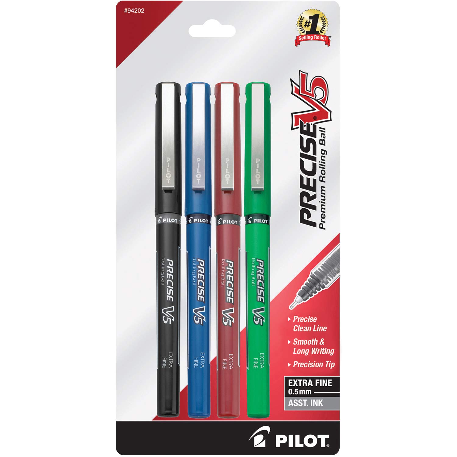 PILOT Precise V5 Stick Liquid Ink Rolling Ball Stick Pens, Extra Fine Point (0.5mm) Black/Blue/Red/Green Inks, 4-Pack (94202)