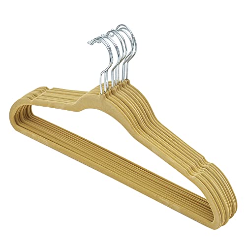 Home Basics Velvet Clothes Hangers (Pack of 10), Camel Felt Hangers for Tops, Jackets, Dresses, and Pants | Contoured Hangers with Notches | Ultra-Thin Space Saving Clothes Hangers