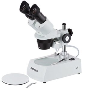 amscope se306r-p forward-mounted binocular stereo microscope, wf10x eyepieces, 20x and 40x magnification, 2x and 4x objectives, upper and lower halogen lighting, reversible black/white stage plate, pillar stand, 120v