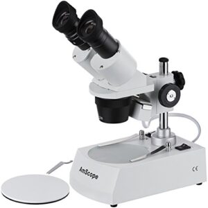 amscope se306r-p20 forward-mounted binocular stereo microscope, wf20x eyepieces, 40x and 80x magnification, 2x and 4x objectives, upper and lower halogen lighting, reversible black/white stage plate, pillar stand, 120v