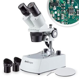amscope se306r-py-led forward-mounted binocular stereo microscope, wf10x and wf15x eyepieces, 20x/30x/40x/60x magnification, 2x and 4x objectives, upper and lower led lighting, reversible black/white stage plate, pillar stand, 120v