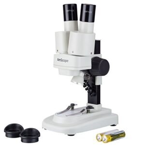 amscope-kids se100z-led portable binocular stereo microscope, wf10x and wf20x eyepieces, 20x and 40x magnification, 2x objective, led light source, reversible black/white stage plate, battery-powered