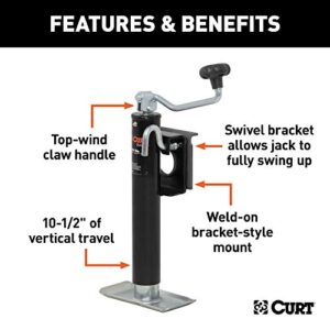 CURT 28301 Weld-On Bracket-Style Swivel Trailer Jack, 2,000 lbs. 10-1/2 Inches Vertical Travel