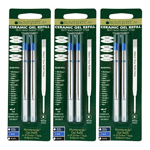 Monteverde Capless Ceramic Gel Refill To Fit Parker Ballpoint Pens, Broad Blue 6 Pack (P443BU)