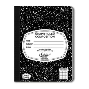 ischolar composition book, 100 sheets, 5 x 5 graph ruled, 9.75 x 7.5-inches, black marble cover (11100)
