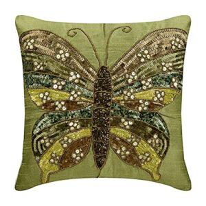 the homecentric pillow cover 18x18 inch (45x45 cm) green, handmade olive green pillow cases, butterfly theme sequins and beaded pillows cover, square silk pillow cover, floral, modern - butterfly envy