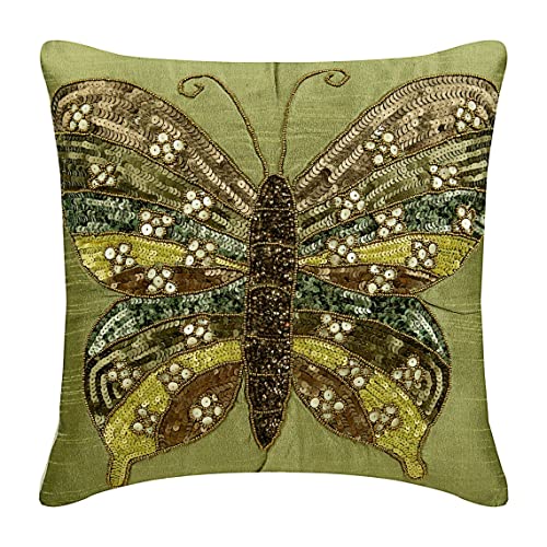 The HomeCentric Pillow Cover 18x18 inch (45x45 cm) Green, Handmade Olive Green Pillow Cases, Butterfly Theme Sequins and Beaded Pillows Cover, Square Silk Pillow Cover, Floral, Modern - Butterfly Envy