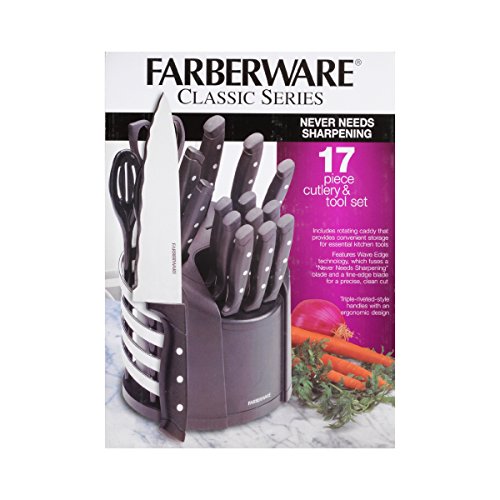 Farberware 17-Piece Stainless Steel Knife and Kitchen Tool Set with Storage Carousel, Black