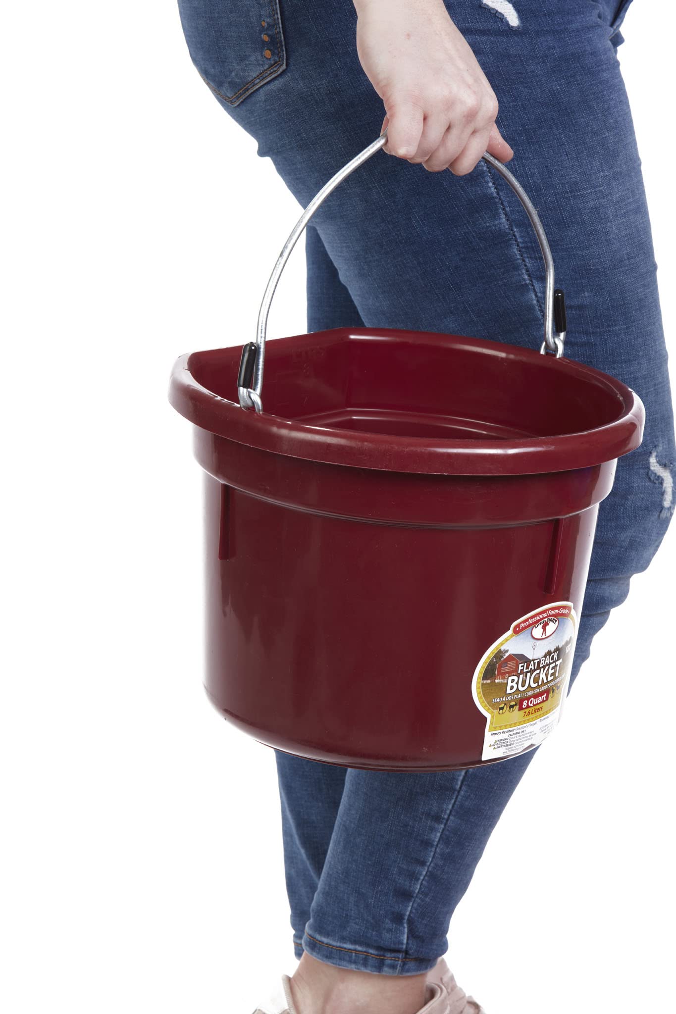 Little Giant® Flat Back Plastic Animal Feed Bucket | Animal Feed Bucket with Metal Handle | Horse Feed & Water Bucket | 8 Quarts | Burgundy