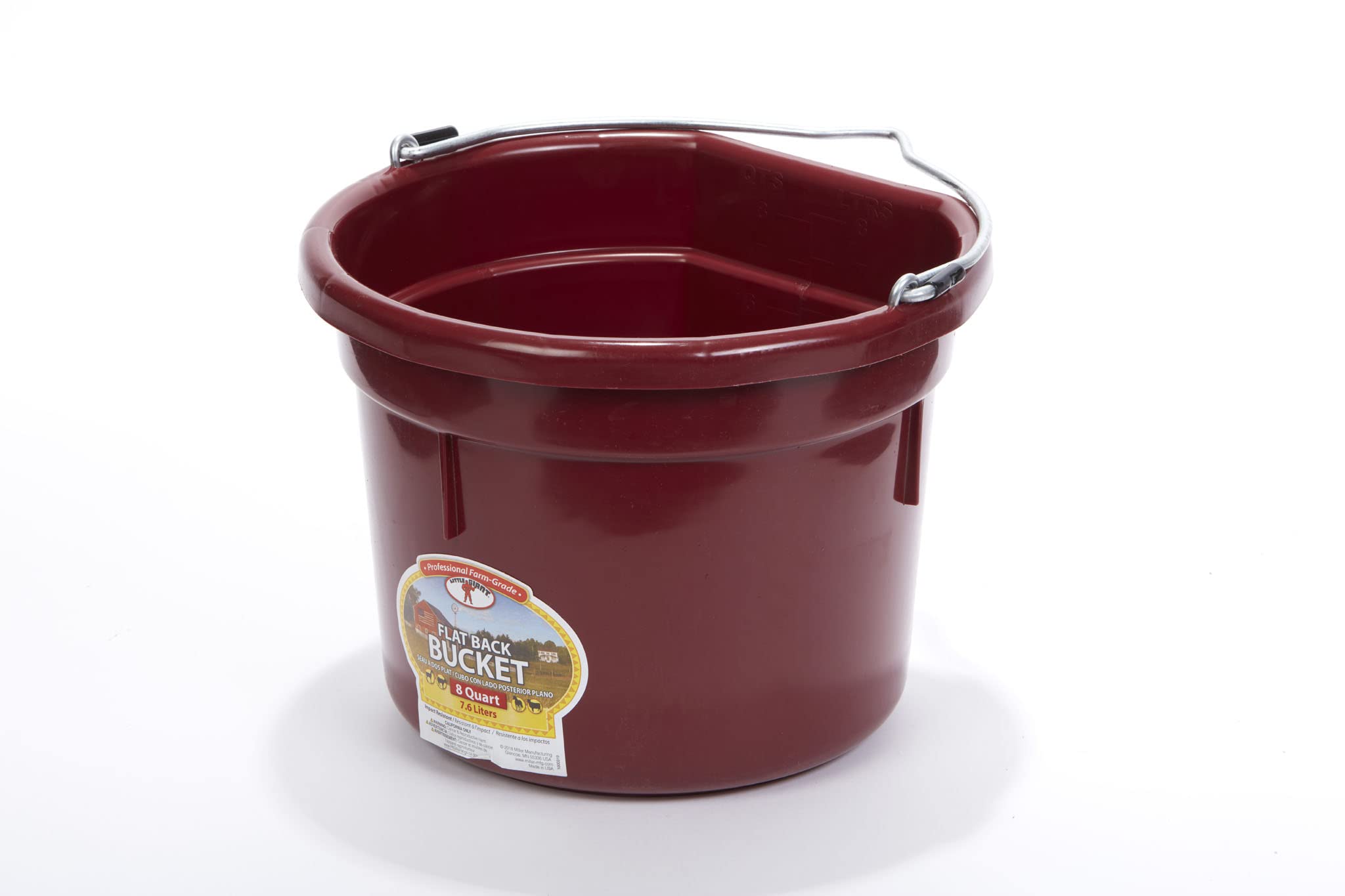 Little Giant® Flat Back Plastic Animal Feed Bucket | Animal Feed Bucket with Metal Handle | Horse Feed & Water Bucket | 8 Quarts | Burgundy