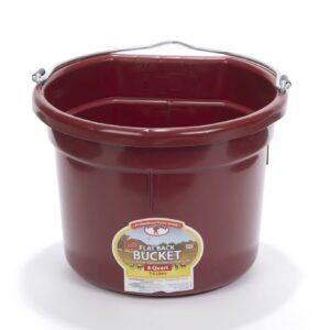 Little Giant® Flat Back Plastic Animal Feed Bucket | Animal Feed Bucket with Metal Handle | Horse Feed & Water Bucket | 8 Quarts | Burgundy