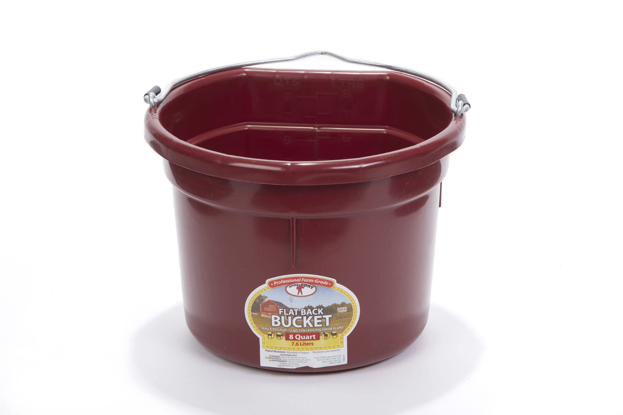 Little Giant® Flat Back Plastic Animal Feed Bucket | Animal Feed Bucket with Metal Handle | Horse Feed & Water Bucket | 8 Quarts | Burgundy