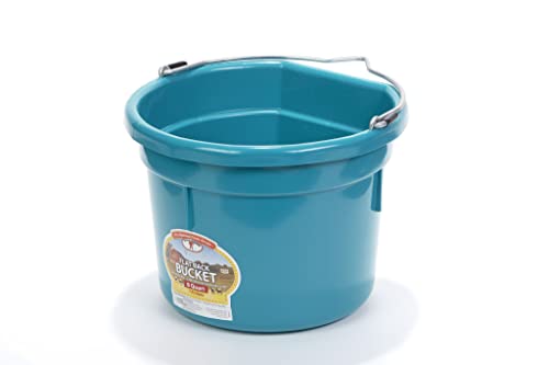 Little Giant® Flat Back Plastic Animal Feed Bucket | Animal Feed Bucket with Metal Handle | Horse Feed & Water Bucket | 8 Quarts | Teal